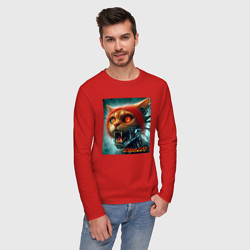 Мужской лонгслив Super cyber red cat - ai art fantasy / Красный – фото 3