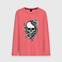 Лонгслив хлопковый мужской Змея на черепе с цветами, цвет: коралловый