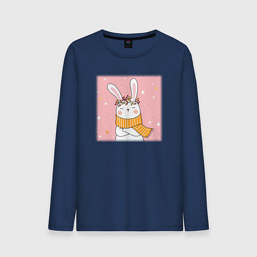 Мужской лонгслив Милый заяц с шарфом / Тёмно-синий – фото 1