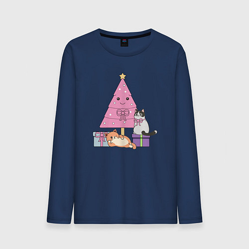 Мужской лонгслив Котики под елкой / Тёмно-синий – фото 1