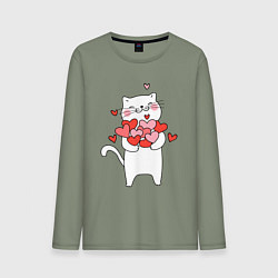 Лонгслив хлопковый мужской Белый кот с охапкой сердец, цвет: авокадо