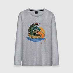 Лонгслив хлопковый мужской Увлеченная рыба-рыбак ловит рыбу удочкой, цвет: меланж