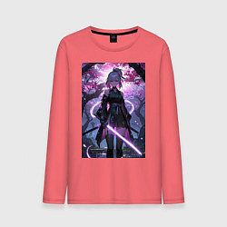 Лонгслив хлопковый мужской Девушка с катаной на фоне цветущей сакуры, цвет: коралловый