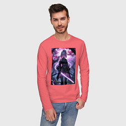 Лонгслив хлопковый мужской Девушка с катаной на фоне цветущей сакуры, цвет: коралловый — фото 2