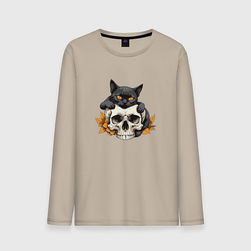 Мужской лонгслив Кошка обнимает череп / Миндальный – фото 1