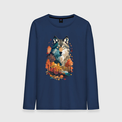 Мужской лонгслив Волк и осенний лес / Тёмно-синий – фото 1