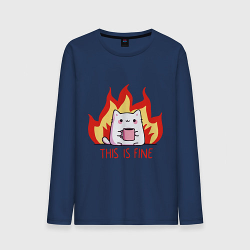 Мужской лонгслив Cat - this is fine / Тёмно-синий – фото 1