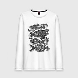 Лонгслив хлопковый мужской Рыбы в народном стиле с орнаментами, цвет: белый