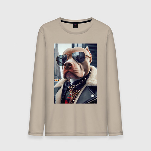 Мужской лонгслив Чувак питбуль в тёмных очках / Миндальный – фото 1