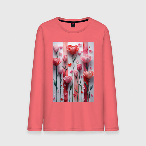 Мужской лонгслив Композиция из цветов и сердечек / Коралловый – фото 1