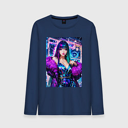 Лонгслив хлопковый мужской Девушка поп идол в мехах, цвет: тёмно-синий