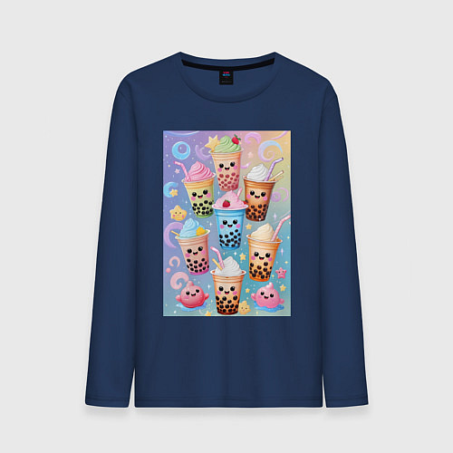 Мужской лонгслив Улыбающиеся яркие разноцветные стаканчики с bubble / Тёмно-синий – фото 1