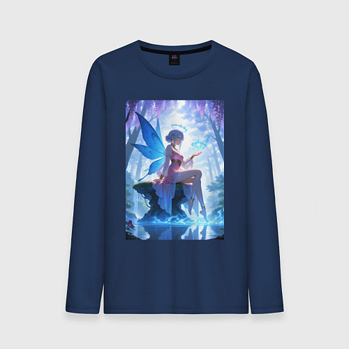 Мужской лонгслив Прекрасная фея посреди лесного пруда / Тёмно-синий – фото 1