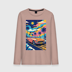 Лонгслив хлопковый мужской Кабриолет едет по тропическому острову, цвет: пыльно-розовый