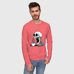 Лонгслив хлопковый мужской Skeleton with coffee, цвет: коралловый — фото 2
