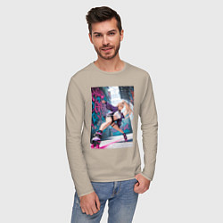 Лонгслив хлопковый мужской Девушка на роликах исполняет трюки, цвет: миндальный — фото 2