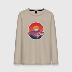 Лонгслив хлопковый мужской Гора Фудзи с сакурой, цвет: миндальный