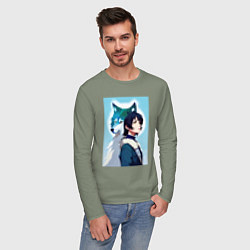 Лонгслив хлопковый мужской Мечтательная девчонка и волк - нейроарт, цвет: авокадо — фото 2