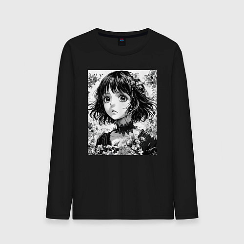 Мужской лонгслив Аниме девушка портрет черно-белый / Черный – фото 1