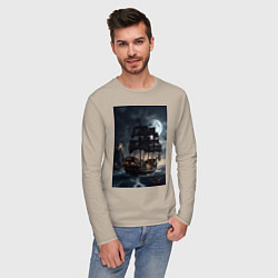Лонгслив хлопковый мужской Пиратский корабль в шторм, цвет: миндальный — фото 2