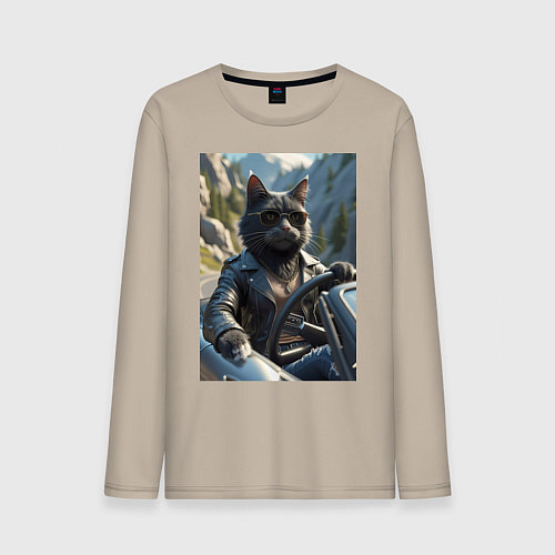 Мужской лонгслив Кот за рулем кабролета / Миндальный – фото 1