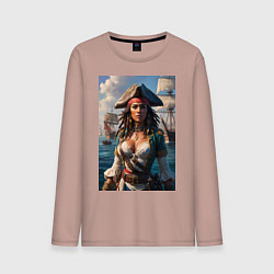 Лонгслив хлопковый мужской Пиратка на фона флотилии кораблей, цвет: пыльно-розовый