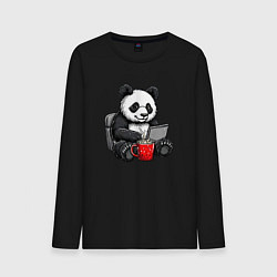 Лонгслив хлопковый мужской Панда с кофе за ноутбуком, цвет: черный