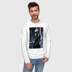 Лонгслив хлопковый мужской Девушка с кошачьими ушами стоит на фоне небоскребо, цвет: белый — фото 2