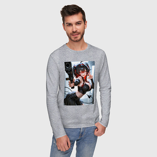 Мужской лонгслив Девушка-демон с пистолетом / Меланж – фото 3