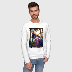 Лонгслив хлопковый мужской Девушка с оружием в киберпанк стиле, цвет: белый — фото 2