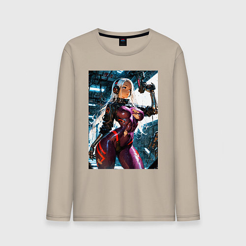 Мужской лонгслив Девушка с оружием в киберпанк стиле / Миндальный – фото 1