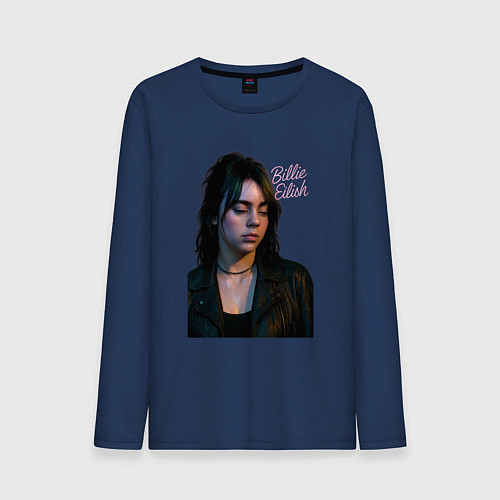 Мужской лонгслив Билли Айлиш смотрит вниз / Тёмно-синий – фото 1