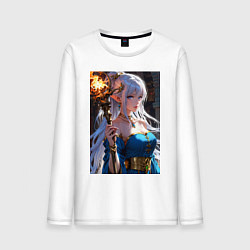 Лонгслив хлопковый мужской Прекрасная эльфийка-маг с шаром огня, цвет: белый