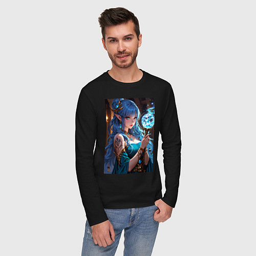 Мужской лонгслив Прекрасная эльийка-маг с посохом / Черный – фото 3