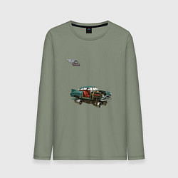 Лонгслив хлопковый мужской Летающий автомобиль, ретроутуризм, цвет: авокадо