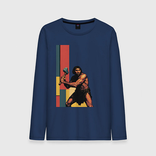 Мужской лонгслив Поп-арт неандерталец / Тёмно-синий – фото 1