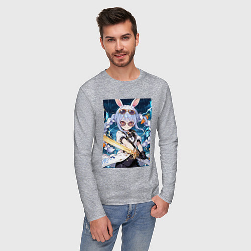 Мужской лонгслив Кролик в очках с мечем / Меланж – фото 3