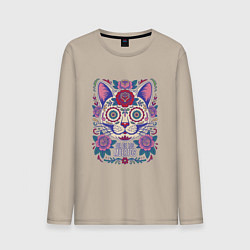Лонгслив хлопковый мужской Кот дня мертвых, цвет: миндальный