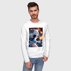Лонгслив хлопковый мужской Кошка сражается с драконом, цвет: белый — фото 2