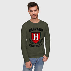 Лонгслив хлопковый мужской Harvard University цвета меланж-хаки — фото 2