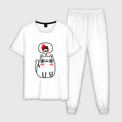 Пижама хлопковая мужская Мысли кота, цвет: белый