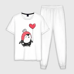 Пижама хлопковая мужская Пингвин-девочка с шариком, цвет: белый
