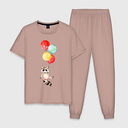 Пижама хлопковая мужская Енот на шариках, цвет: пыльно-розовый