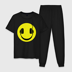 Пижама хлопковая мужская Смайлик-наушники, цвет: черный