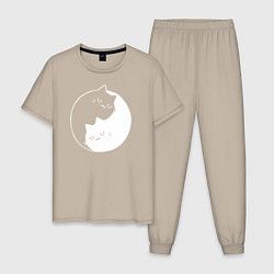 Пижама хлопковая мужская Котики Инь Янь, цвет: миндальный