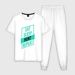 Пижама хлопковая мужская Eat, Sleep, Hunt, Repeat, цвет: белый