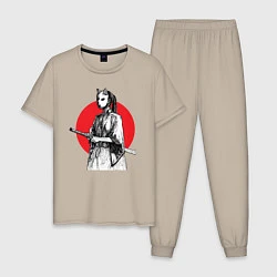Пижама хлопковая мужская Самурай на страже, цвет: миндальный