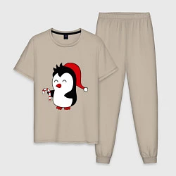 Пижама хлопковая мужская Новогодний пингвин, цвет: миндальный