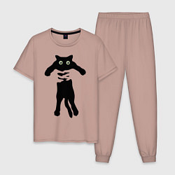 Пижама хлопковая мужская Черный кот в руках, цвет: пыльно-розовый