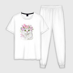 Пижама хлопковая мужская Котик В Цветах, цвет: белый